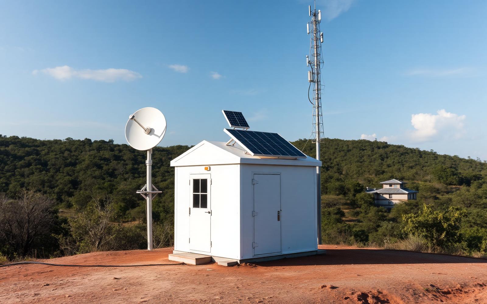 Estação de telemetria remota off-grid com painel solar e antena satelital