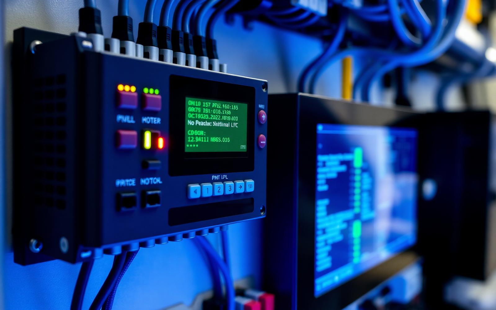 CLP industrial e módulos de automação com IHM em painel de comando
