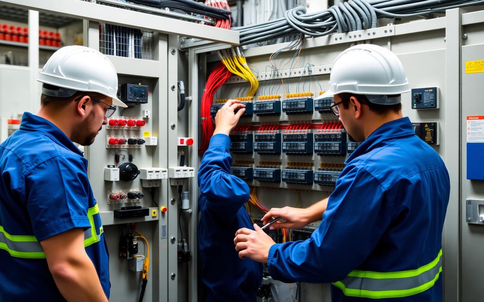 Equipe técnica QCP montando painel elétrico industrial em oficina