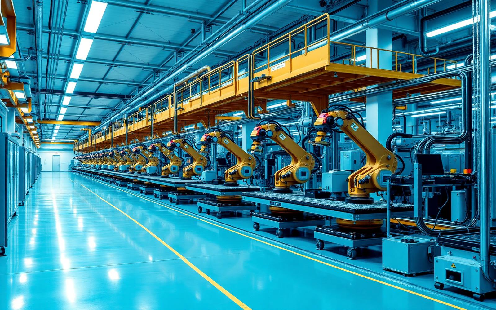 Chão de fábrica com linha de produção automatizada e integração SCADA