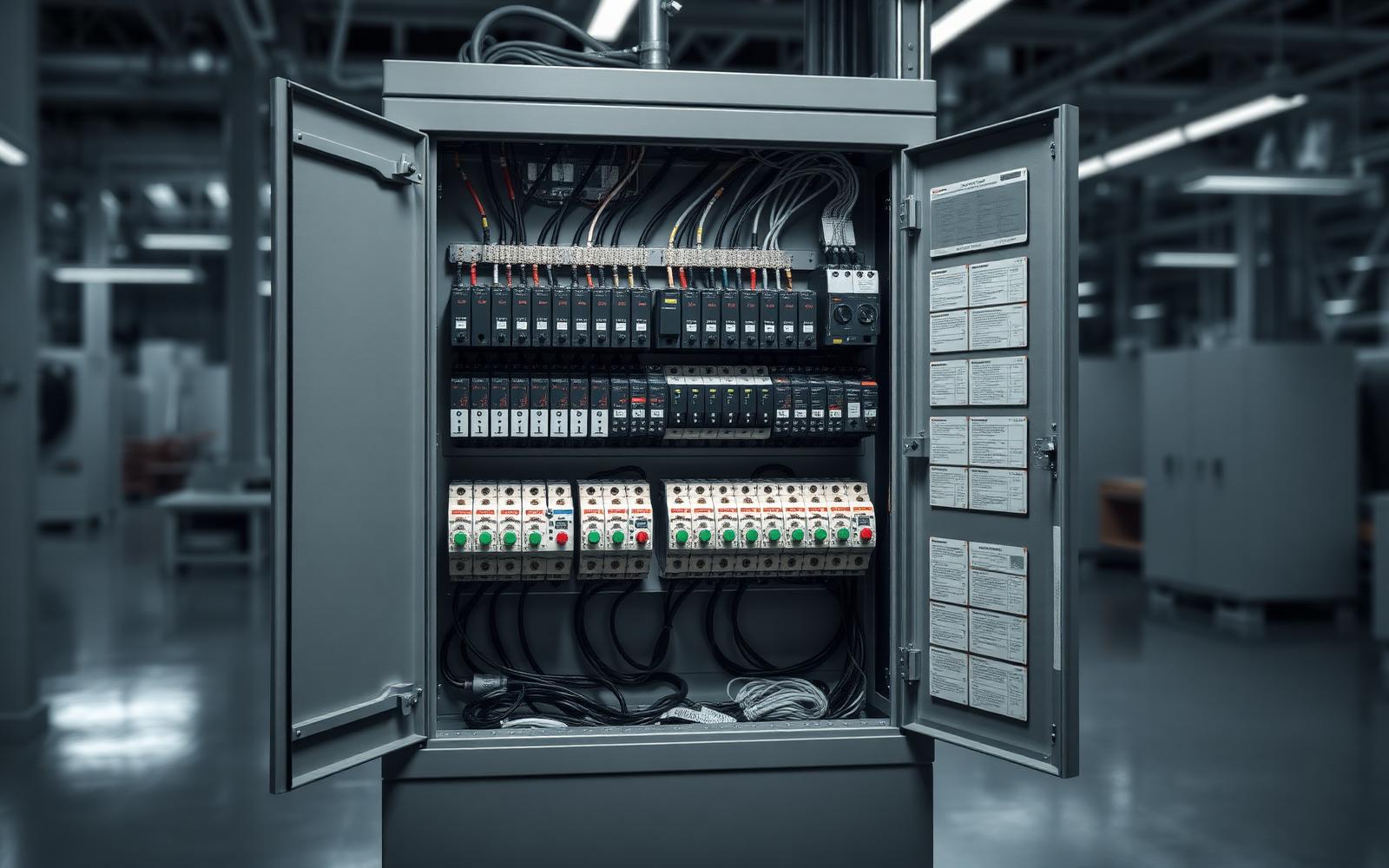 Painel elétrico industrial QCP com disjuntores, contatores e barramentos organizados
