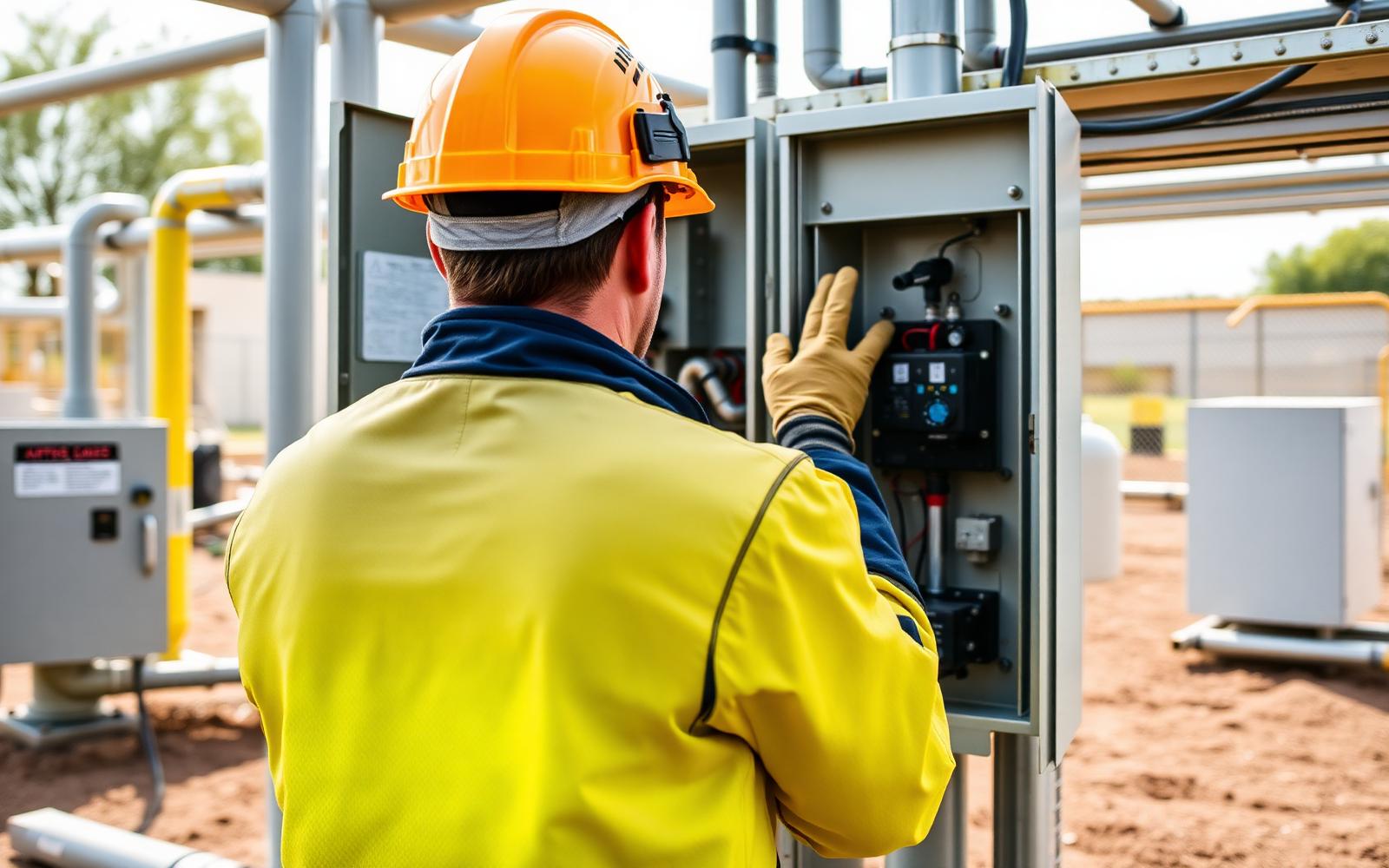 Técnico QCP realizando manutenção preventiva em painel de comando em campo