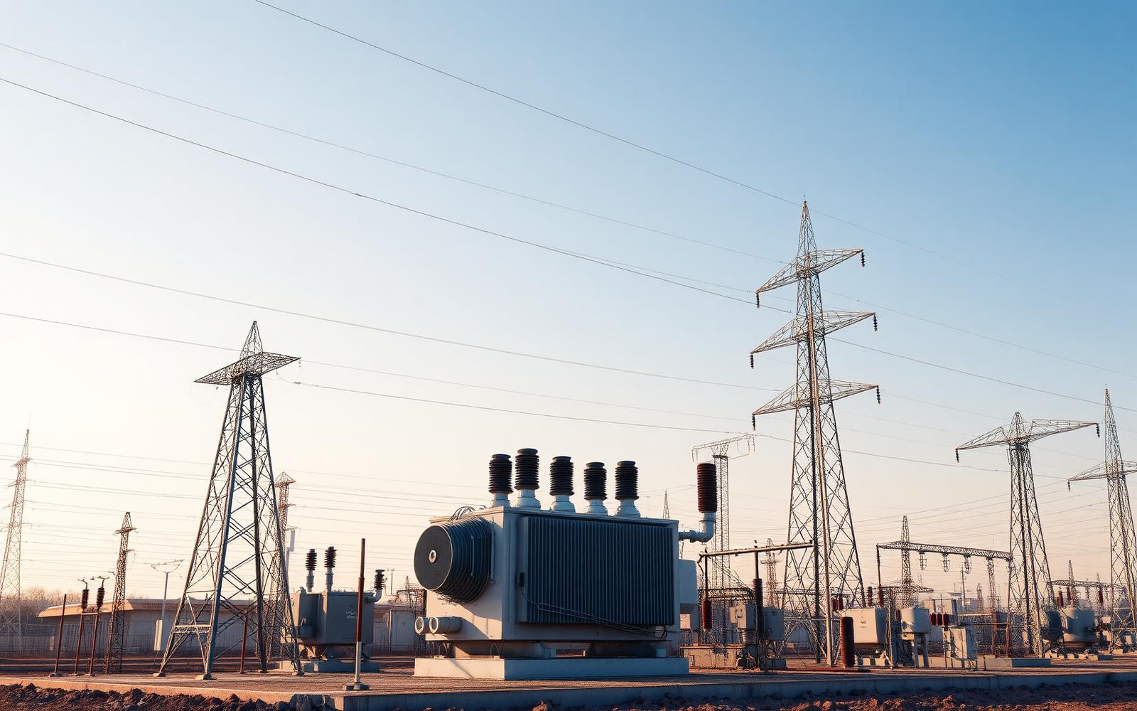 Subestação de energia com transformadores e linhas de transmissão